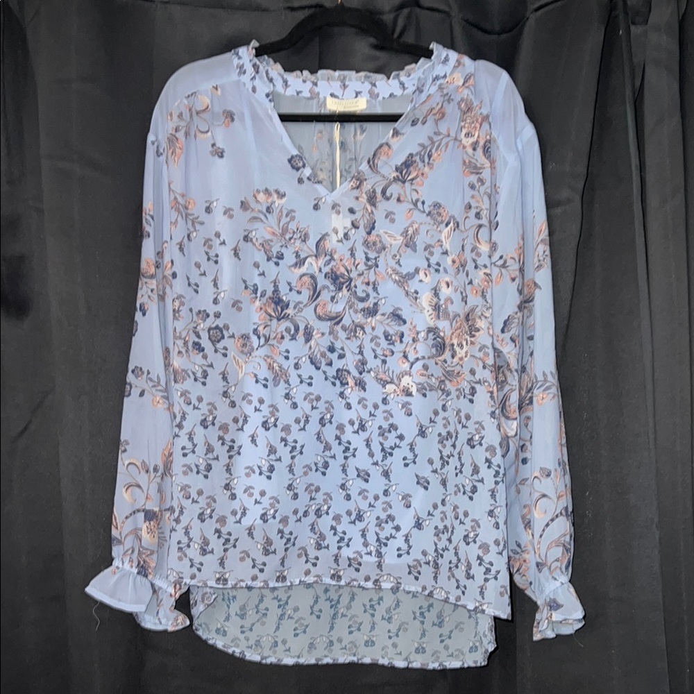 Lovestitch Floral V-Neck Blouse - Blue and Pink - L - NWT